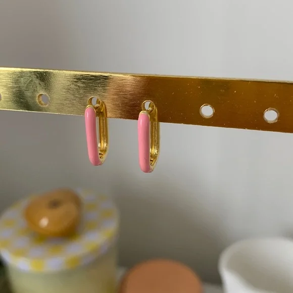 pink and gold oval hoops enamel hoop earrings - Picture 2 of 5